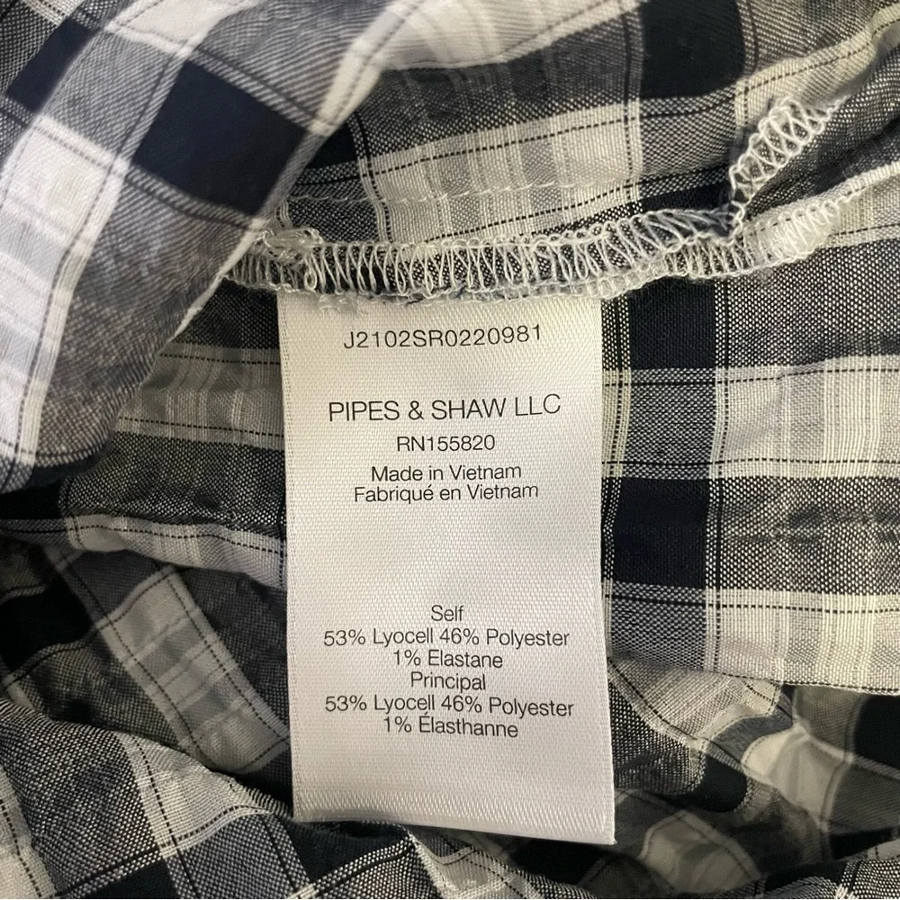 Veronica Beard Navy and White Plaid Ruched -Sleeve Blouse